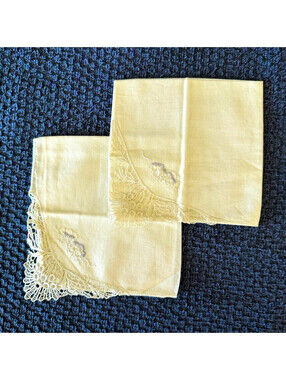 Lot of 2 White Lace Corner Handkerchiefs Embroidered